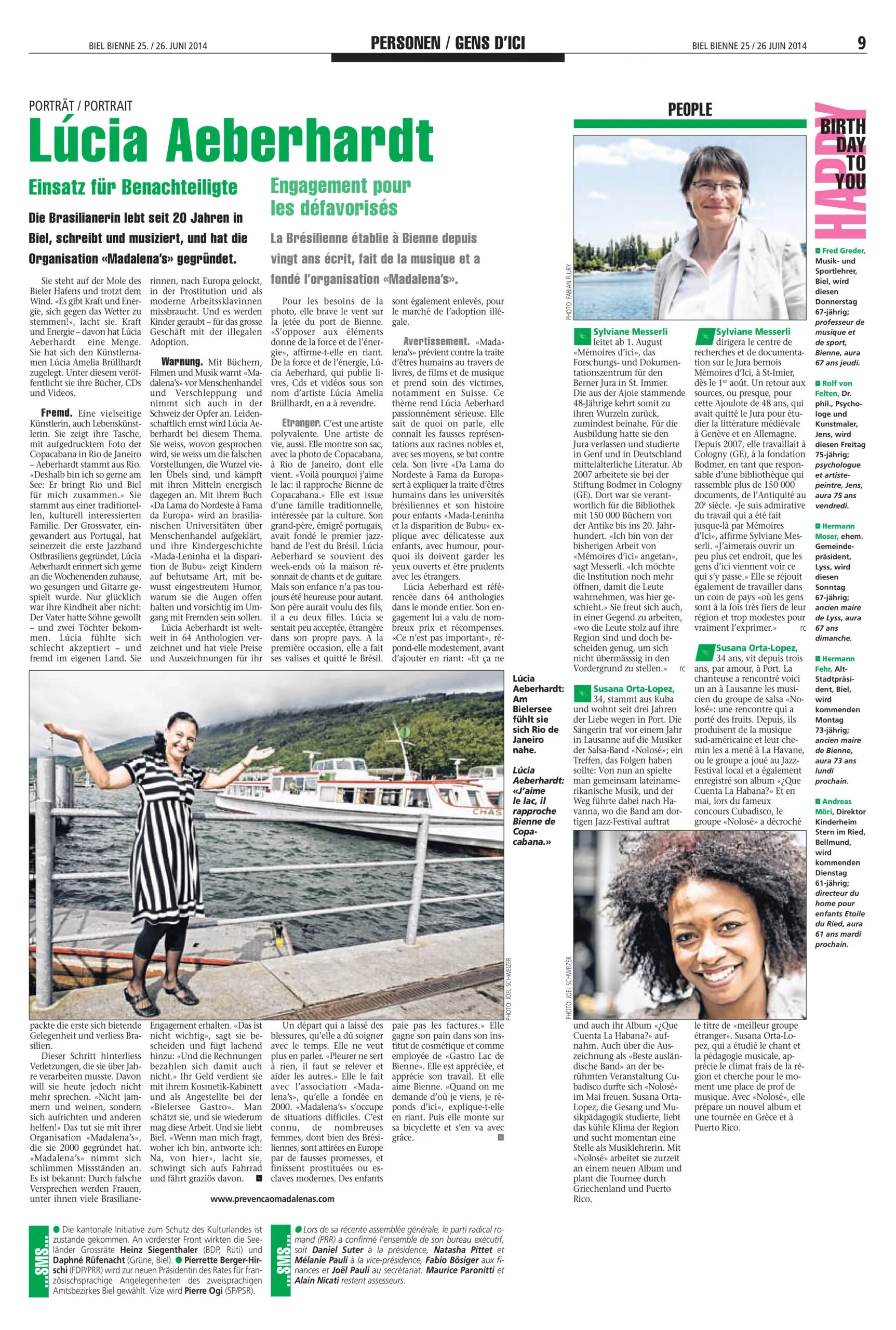 Page Biel/Bienne du 25-26 juin 2014 : Susana Orta Lopez, chanteuse de Nolosé, dans la rubrique People