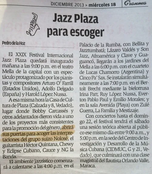 Article du quotidien cubain Granma, 18 décembre 2013 : « Jazz Plaza para escoger »
