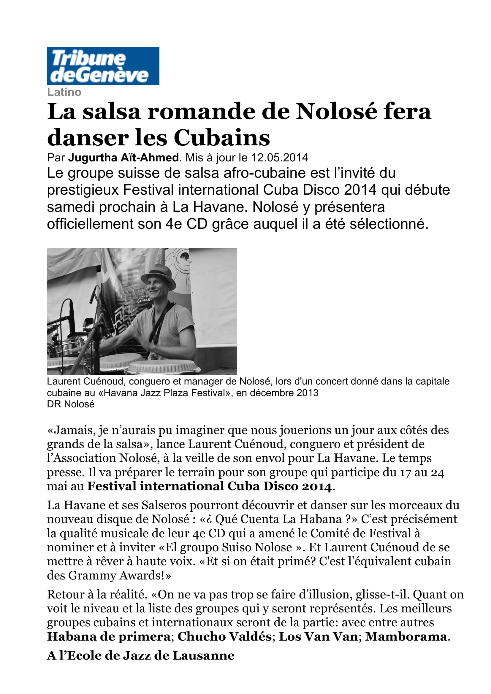Article Tribune de Genève du 12 mai 2014 : « La salsa romande de Nolosé fera danser les Cubains »