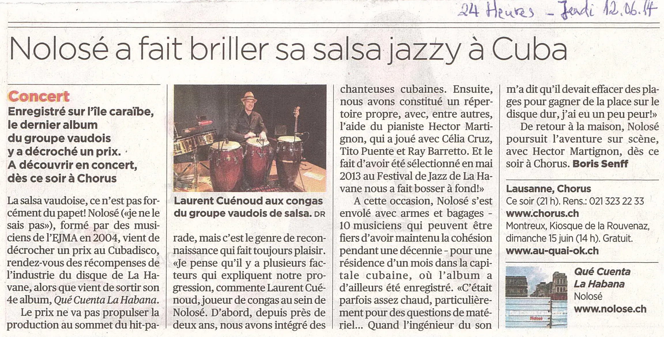 Coupure 24 Heures du 12 juin 2014 : « Nolosé a fait briller sa salsa jazzy à Cuba »